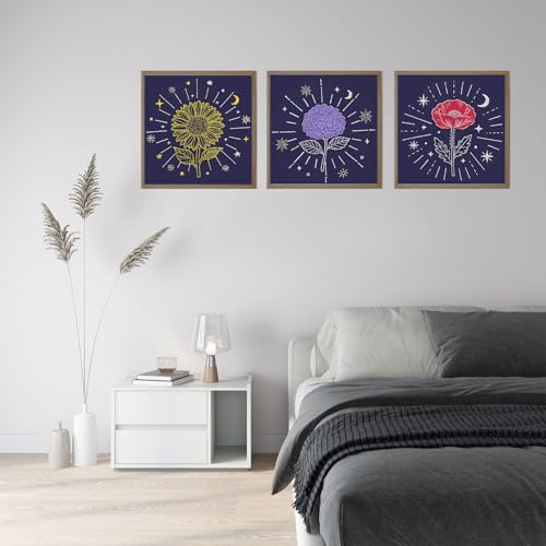 Image of Louise Maelys 3 Pcs Tarot Moon Star Embroidery Kit for Beginners, Celestial Flower Sunflower Poppy Hydrangea Needlework DIY Craft for Adults with Hoop, Printed Fabric and Instruction
