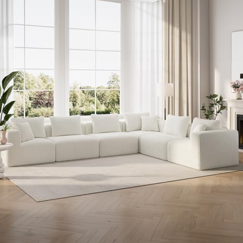 Image of Novilla 141 inch Modular Sectional Sofa, L Shape Plush Sectional Couch, Modern Cloud Design with SmartS Coil Support, Boneless Sectional Couch for Large Living Room Apartment, No Assembly Required, Beige
