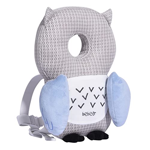 Image of Bebamour Baby Walkers Head Protector Toddler Adjustable Baby Safety Pad Backpack Wear for Crawling with Safety Leash (Gray, Owl)