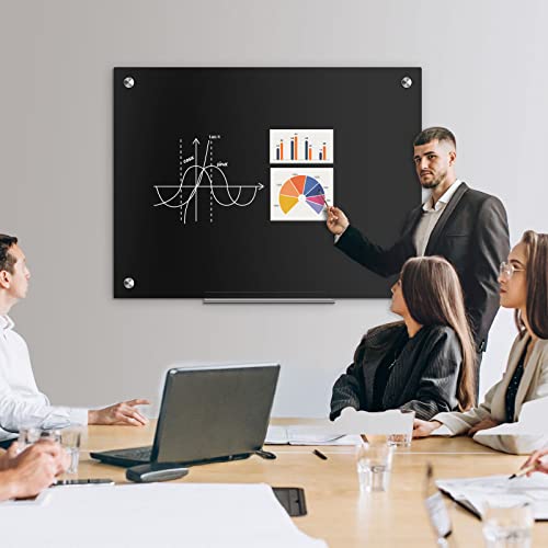 Walglass Black Dry Erase Board, 24"X18" Magnetic Glass Dry Erase Board, Framless Black Whiteboard For Walls, Bulletin Board For Office, School & Home Decor With 1 Acrylic Pen Tray & 3 Strong Magnet #TOP7