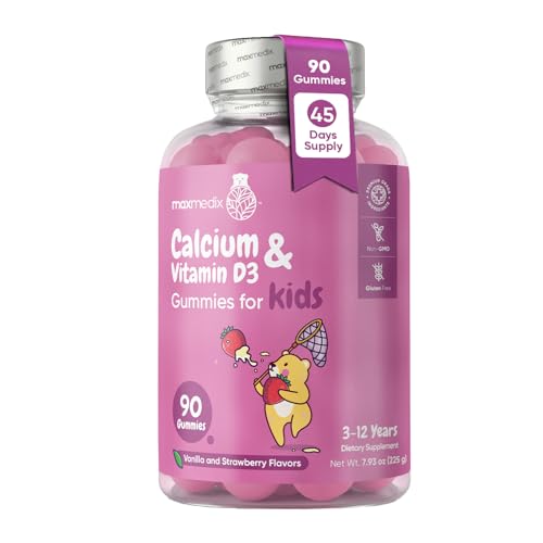 maxmedix Kids Calcium Gummies with Vitamin D3 | 320mg Calcium Supplement with 800IU Vitamin D3 | 90 Gummies (45-Day Supply) | Natural Vanilla & Strawberry Flavors Gluten-Free Non-GMO