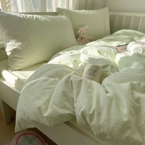 Image of MKXI Mint Green Gingham Duvet Cover Set King - 3-Piece Vintage Floral Bedding with White Lace Trim, Soft Washed Microfiber Princess Comforter Cover & Pillowcases for Girls, Sweet Cottagecore Style