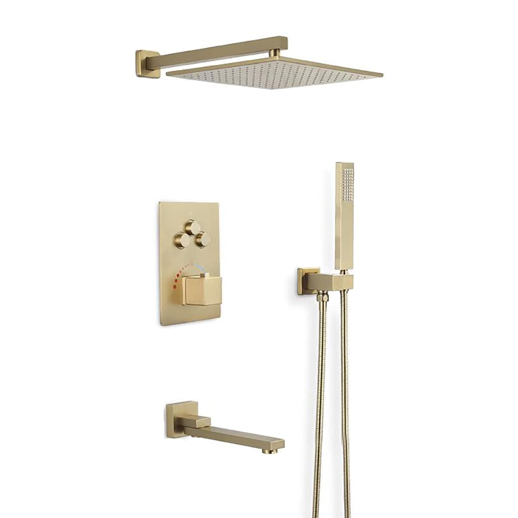 AYCDL Shower Systems, Brushed Gold Brass Concealed Thermostatic Wall Mounted Bathroom Shower Faucet Set with 10-12" Square Rainfall Shower Head and Handheld Tub Taps,size_name-10 Inch