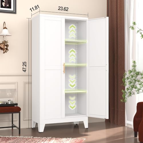 Image of GAIOUS Metal Pantry Cabinet, Kitchen Pantry Storage Cabinets with 2 Door and 3 Adjustable Shelves, White Kitchen Pantry Cabinet, Freestanding Cupboard for Dining Room Living Room Bathroom