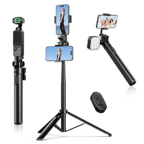 ULANZI MT-70 Extendable Tripod 63 Selfie Stick Vlog Tripod Stand with 2 Phone Clips as Teleprompter 360 Rotate Camera Holder for iPhone Sony Canon DJI Osmo Nano Lightweight for Travel Black