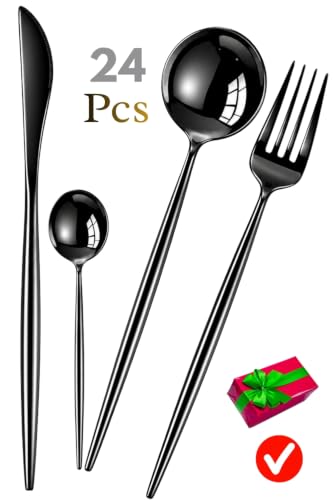 Image of Slim Handle Black 24 Pcs Stainless Steel Cutlery Set for Dining Table, Dishwasher Safe Glossy Flatware (6 Spoon Set + 6 Forks Set + 6 Butter Knife + 6 Dessert Spoon)