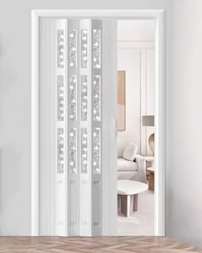 ZIMGOD Concertina Door Interior Sliding Door with Maple Leaf Decor, PVC White Folding Door 30x80 32x80 36x80 40x80 48x80 60x80 in, Living Room Closet Dividing Gate Screen(61x80in (155x203cm))