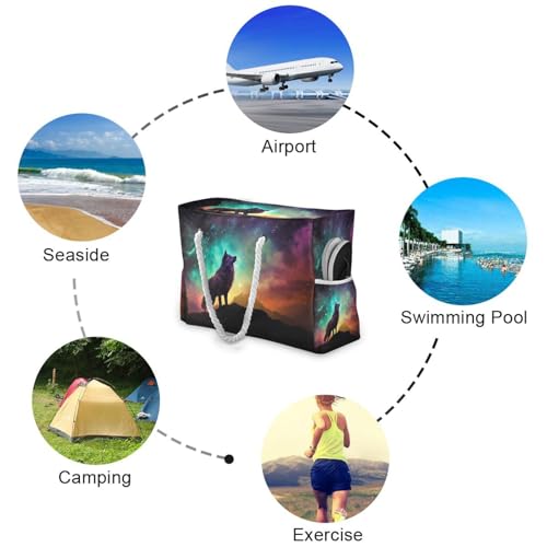 Dreamscapes Wolf Beach Bag with Top Zipper Closure, Waterproof Pool Bag, Large Beach Tote for Women#5294