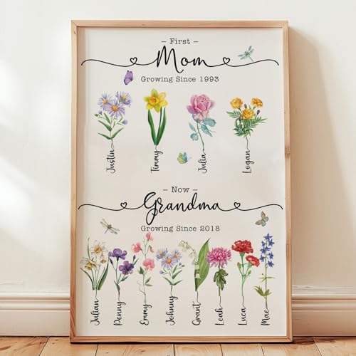 Anniversaree Personalized Grandma Canvas with Kid's Names Grandma's Garden Poster Grandmother Nana Mimi Gigi Gift For Mothers Day Grandparents Day Family Home Decor (Design 1)