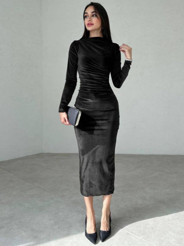 Elegante Dames Fluweel Bodycon Midi Jurk - Lange Mouwen Glanzend Feestjurk - Herfst Winter