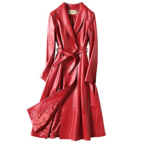 O-neMakpa Chaqueta de cuero de las mujeres Primavera Otoño Abrigo de piel de oveja Hembra Long, Rojo, M
