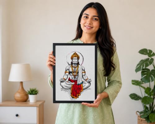 Image of Lord Hanuman Meditating Framed Wall Poster | Premium HD Printed Hindu Spiritual Wall Art | Black Frame | Ready to Hang | Home Temple, Living Room, Bedroom & Office Decor | Religious Gift