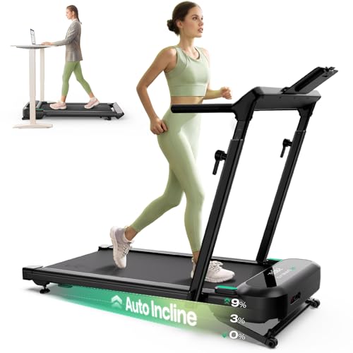 UREVO Foldimix 5L Treadmills for Home, Dual Brushless Motorized 3.0HP ,9% Auto Incline Walking Pad with Adjustable Handle Bar, Multi-Functional, 14-Point Shock Absorption, Standing Desk Treadmill
