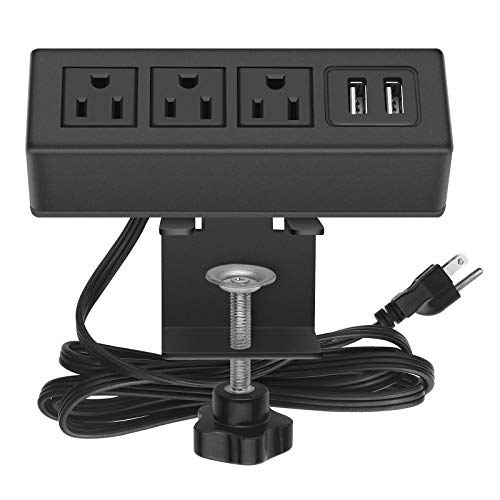 Desk Clamp Power Strip, Desktop Power Outlet Clamp Mount with 2 USB Ports, 3 AC Outlets, Mountable Desk Outlet Removable Power Plugs with 6.56ft Power Cord (3AC2USB-Black)