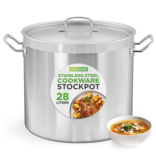 NutriChef Stainless Steel Stock Pot with Lid, 28.4L Big Stockpots for Stew, Soup, Pasta, Meat- Induction Ready, Large Cooking Pot with Ergonomic Handles