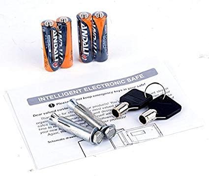 Package contents including batteries, keys, and mounting screws