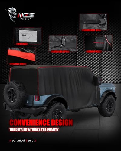 Image of MZS Cab Cover Compatible with Bronco 4 Door 2021-2026, 600D Waterproof Bronco Cover with Driver Door Zipper 8 Gust Hook Car Half Cover Windproof Sun Snow Rain Scratch Protection