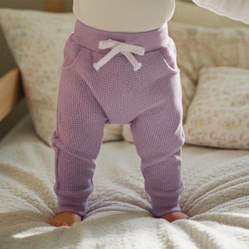 allshope Toddler Baby Girl Fall Pants Active Jogger Casual Athletic Trousers Solid Color Pocket Elastic Waist Harem Bottoms (Waffle Purple Apricot Pink, 12-18 Months) - Thumbnail 2