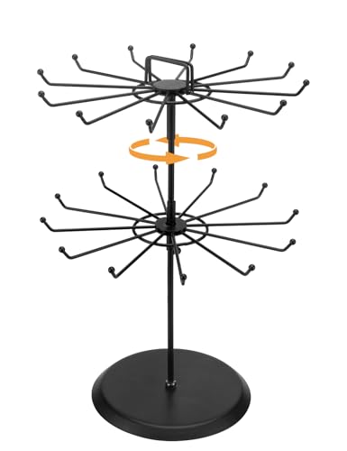 MyGift 2 Tier Black Metal Rotating Necklace and Bracelet Organizer Jewelry Stand with 24 Hooks, Multipurpose Accessory and Keychain Spinning Display Rack with Top Handle Card Holder