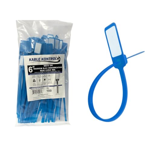 Kable Kontrol Write-On Narrow Flag Zip Ties – 6 Inch Cable Ties with Writable ID Tags – 100 Pack Wire Marker Labels – Nylon Self-Locking Tie Straps – 1-3/8" x 5/8" Flag – Blue