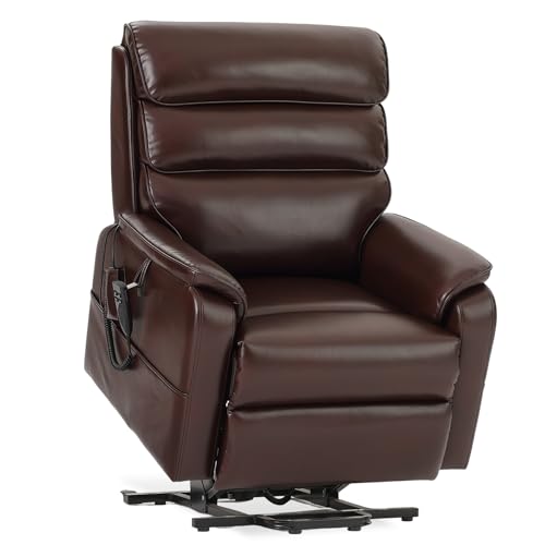 DYNOX 400 lbs Big & Tall Power Lift Recliner Chair for Elderly, Oversized Wide Dual Motor Lay Flat Infinite Positions Recliner with Heat and Massage(9298W,Faux Leather,Brown)