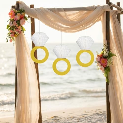Image of HASTHIP Glitter Gold Diamond Ring Honeycomb Ball, 3 Pack Paper Engagement Decoration, Hanging Ornament for Wedding Bridal Shower Sangeet Haldi Photo Booth Props Diamond Ring Honeycomb Decor