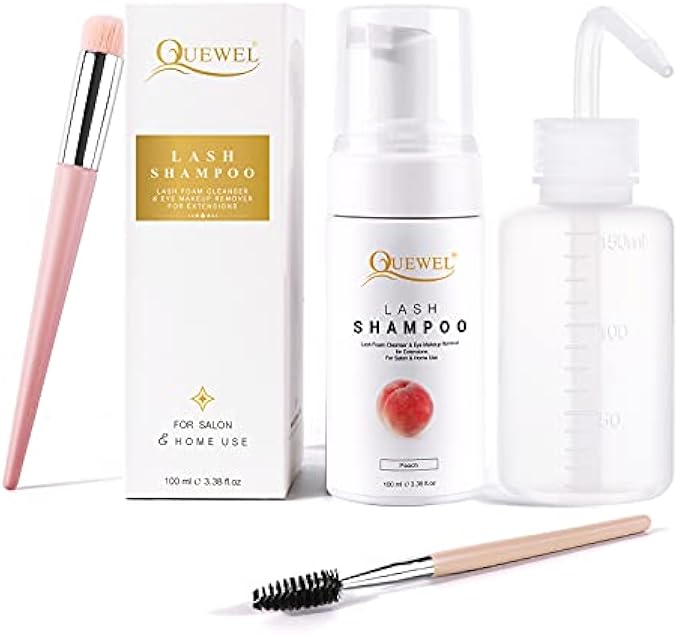 QUEWEL Lash Shampoo Peach 100ml Eyelash Shampoo For Lash Extensions Eyelid Foaming Cleanser With Lash Shampoo Brush And Bottle Paraben & Sulfate Free For Salon And Self Use(peach,100ml)