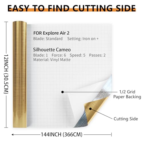 Image of Brushed Gold Permanent Vinyl Roll 12 inch x 12FT - Lya Vinyl Metallic Outdoor Permanent Vinyl - Adhesive Vinyl Roll for Home Decor, Party Decoration, Mug, Window