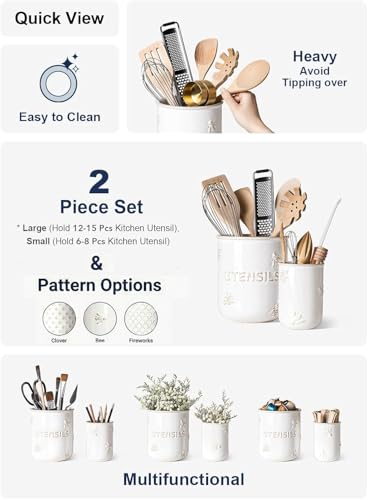 LE-TAUCI-Kitchen-Utensil-Holder-Set-of-2-6953-Large-Ceramic-Cooking-Utensil-Crock-Organizer-for-Spatula-Spoon-Whisk-Farmhouse-Countertop-Storage-Arctic-White-Embossed-Bee