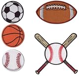 5-Pack Embroidered Sports Patches - Multi-Pack Value Set: Soccer, Football, Basketball, Baseball & Bats - Iron-On Decorative Badges for Jackets & DIY Crafts