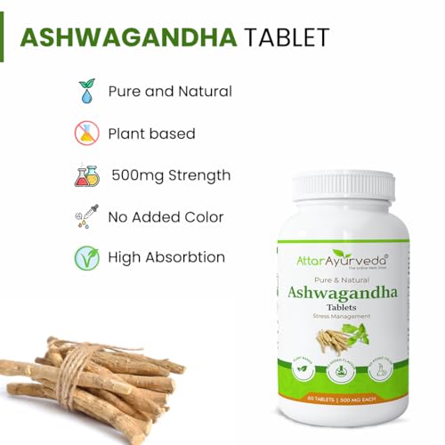 Image of Attar Ayurveda Ashwagandha tablet (500mg) - 60 tablets | General Wellness | Stress Relief | Improves Strength and Energy | Pure and Natural