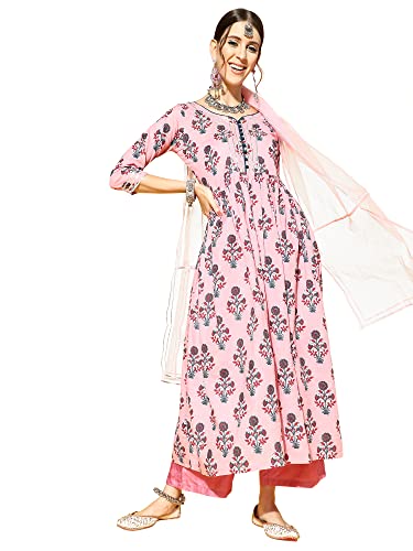 Image of INDO ERA Women's Cotton Blend Floral Printed A-Line Kurta With Pant & Dupatta Set (21GGG3904 Pink)