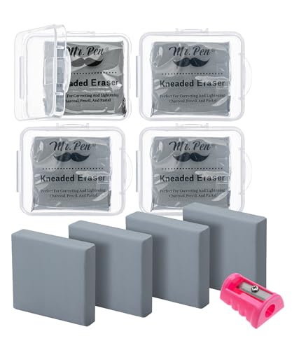 Image of Mr. Pen- Kneaded Eraser Set, 4 Pack | Gray Moldable Art Erasers with Storage Cases & Sharpener, Soft Kneadable Erasers for Charcoal, Graphite