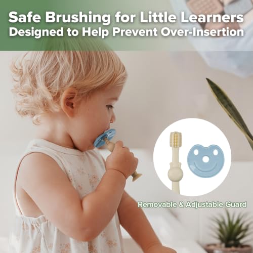 Image of haakaa 360 Baby Toothbrush with Suction Base - Beige + Sky Blue | Gentle Cleaning for Infants, Gum Massage, BPA-Free, Food-Grade Silicone, Adjustable Safety Shield, Safe for Babies 6 Months+