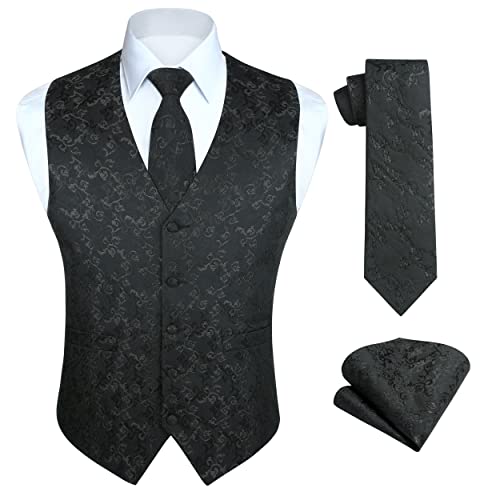 Image of HISDERN Vest and Tie Sets for Men Vests Paisley Floral Jacquard Necktie Pocket Square 3PCS Waistcoat for Suit or Tuxedo