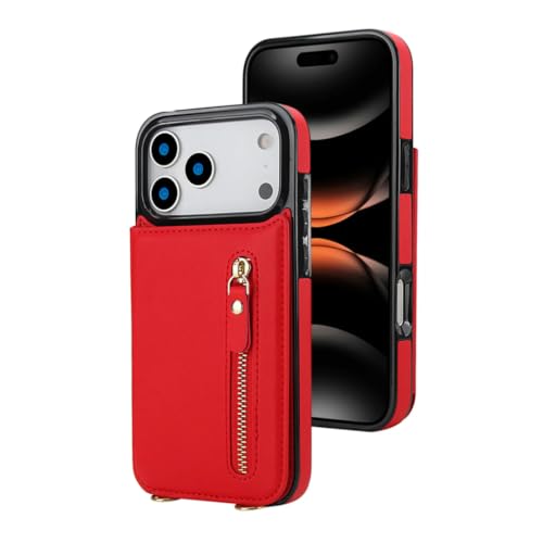Étui portefeuille bandoulière iPhone 13 Pro Max rouge avec fente pour cartes zippée