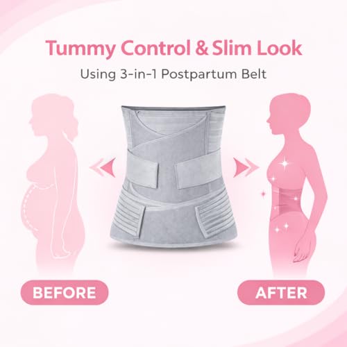 Image of 3-in-1 Postpartum Belt for Women - Post Pregnancy Belly Binder, Waist & Pelvic Support - C Section Recovery, Tummy Tightening, Back Pain Relief - Adjustable Fit - (Grey-M)