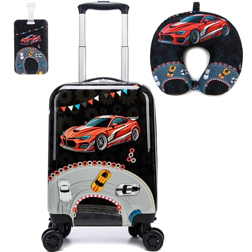Image of Kids Luggage Set 2 Piece 16'' Hardside Spinner Wheels Travel Suitcase Carry On Airline Approved Black Car