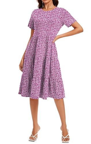 Image of Womens Summer Short Sleeve Crew Neck Midi Dress 2026 Casual Fit Flowy Tiered Beach Vacation Sundress with Pockets