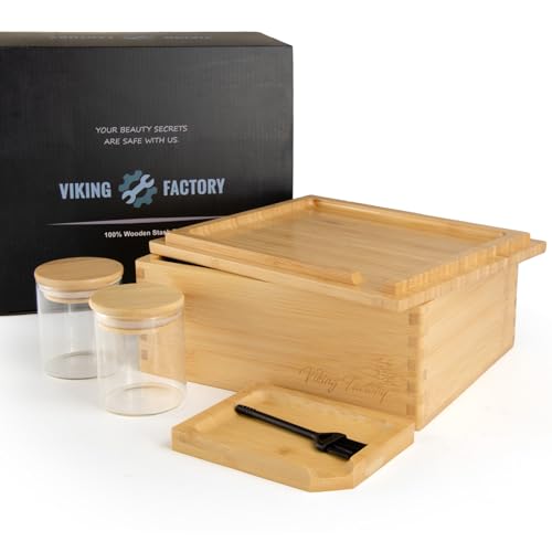 Viking Factory The OG Storage Box - Large Bamboo Box with Tray Lid, 2 Jars and Brush - Portable Decorative Wooden Box Kit with Accessories