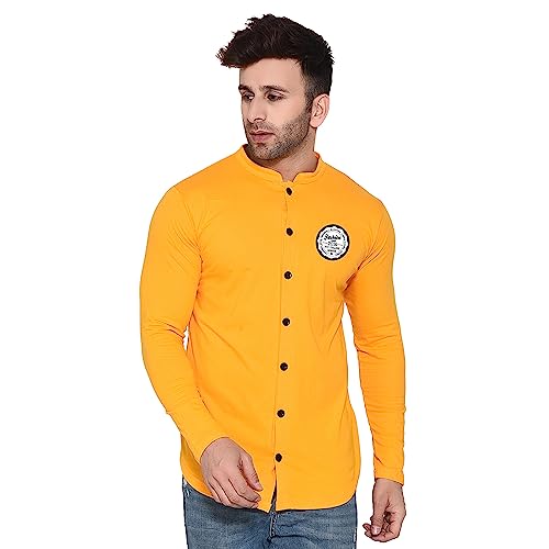 Image of Geum Men's Mandarin Collar Shirt | Slim Fit Full Sleeve Casual Shirt with Printed Chest Logo | Soft Cotton Blend Stylish Button Down for Party, Office