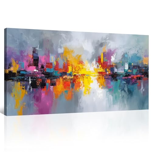 BewDalky Colorful Abstract Cityscape Canvas Wall Art Water Reflection City