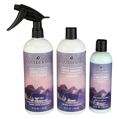 EQUIDERMA Sweet Itch Combo 32oz Arnica Shampoo + 32oz Aloe Herbal Spray + 16oz Skin Lotion Complete Horse Grooming & Seasonal Skin & Coat Comfort Bundle