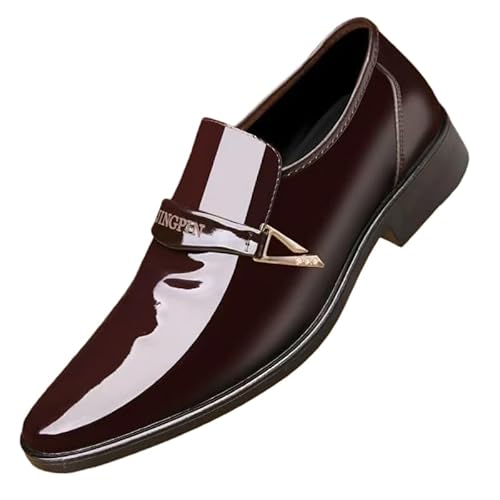 SPKFHD Men's Fashionable Business Shoes - Low Heel Pointed-Toe Glossy Casual Shoes - Comfortable and Lightweight - Suitable for Formal wear and Work (Brown,8.5)