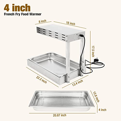 Restlrious French Fry Warmer Commercial Heat Lamp Food Warmer, Free Standing Electric Infrared Heating Dump Station, 500W Stainless Steel Food Warming Light w/ Drain Board Drip Pan for Fries 4” Deep - Thumbnail 2
