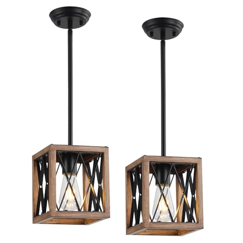 KEESFU Farmhouse Pendant Light, 1 Light Metal Cage Hanging Light with Wooden Grain Finish,Height Adjustable Kitchen Island Lighting,Pendant Lighting for Kitchen Island Hallway Foyer.2 Pack.