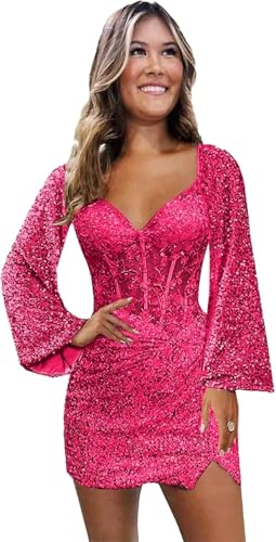 Loyeloy Long Sleeves Prom Dresses for Teens 2025 V Neck Sparkly Sequin Applique Prom Evening Gowns