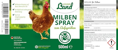 HÜHNER Land Milben Spray für Hühner 500ml - Gegen Milben & Parasiten, Milbenspray Milben Stop, Milbenmittel als Umgebungsspray & Kontaktspray, zur Vorbeugung & bei akutem Befall