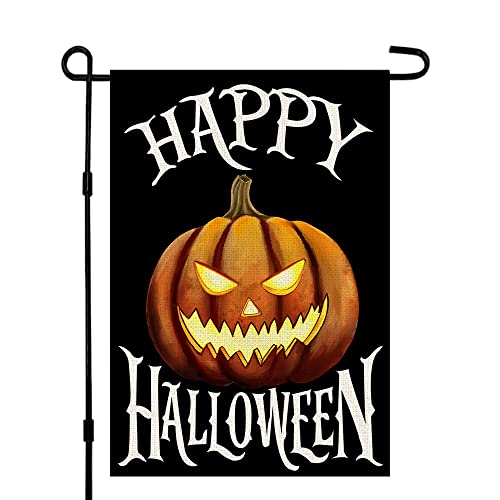 Happy Halloween Garden Flag 12 x 18 Inch Burlap Vertical Double Sided, Scary Pumpkin Welcome Holiday Front Yard Sign Porch Outdoor Decoration DF092