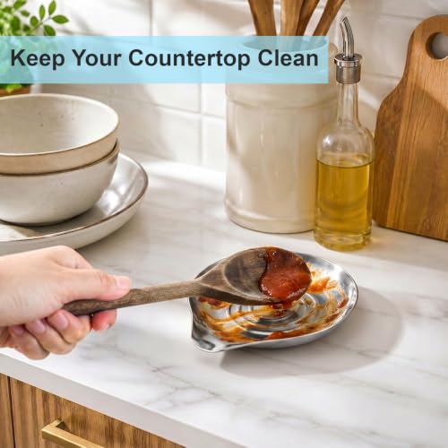 Image of VanlonPro Stainless Steel Spoon Rest, Spatula Ladle Holder, Stainless Steel Utensil Spoon Rest Holder, Brushed Finish, Dishwasher Safe 5.9 x 5.1 Inch (Round Swril Silver 1PC)